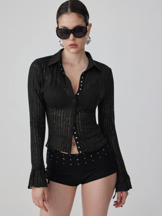 Textured Collar Long Sleeve Ruffle Cuff Top