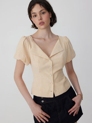 Cotton-blend Striped Puff Sleeve Tie-back Blouse