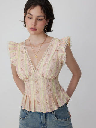 Cotton-blend Stripe Floral V-neck Ruffle Sleeve Lace Trim Blouse