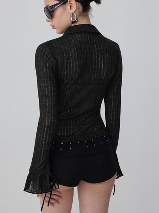 Textured Collar Long Sleeve Ruffle Cuff Top