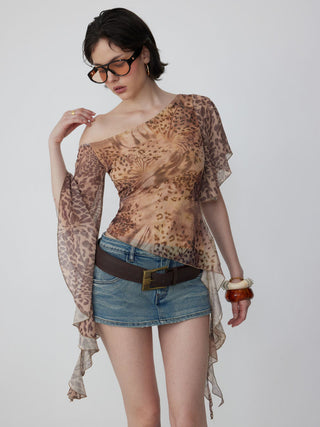 Abstract Leopard Ruffle Asymmetric One-Shoulder Top
