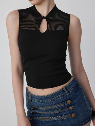 Knit Stand Collar Textured Bowknot Cut Out Vest