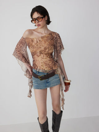 Abstract Leopard Ruffle Asymmetric One-Shoulder Top
