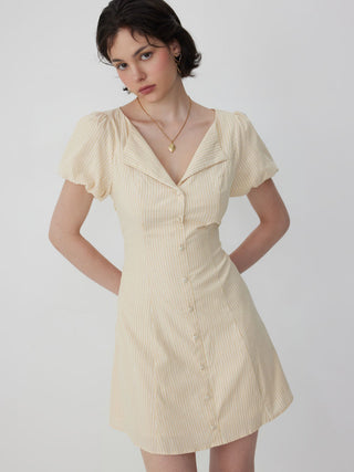Cotton-blend Striped Puff Sleeve Twist Knotted A-line Mini Dress