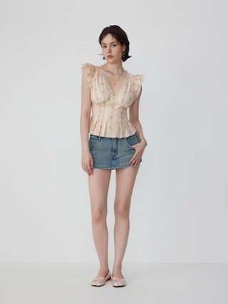 Cotton-blend Stripe Floral V-neck Ruffle Sleeve Lace Trim Blouse