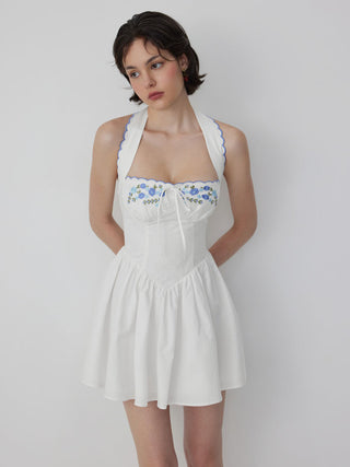 Cotton-blend Floral Halter Neckline Short Sleeve Embroidery Bowknot Mini Dress
