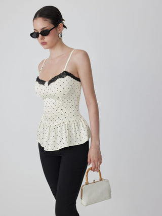 Satin Polka Dot Sweetheart Lace Trim Peplum Hem Cami Blouse
