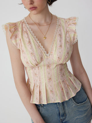Cotton-blend Stripe Floral V-neck Ruffle Sleeve Lace Trim Blouse