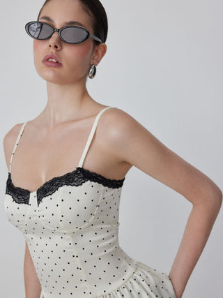 Satin Polka Dot Sweetheart Lace Trim Peplum Hem Cami Blouse