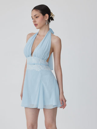 Chiffon Halter Neckline Backless Lace Panel Bowknot A-line Mini Dress