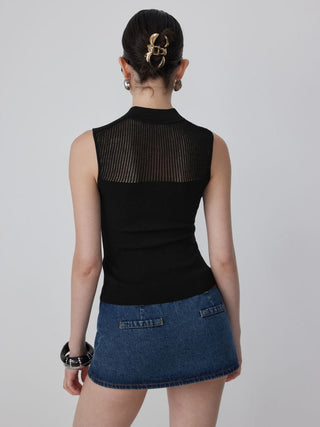 Knit Stand Collar Textured Bowknot Cut Out Vest