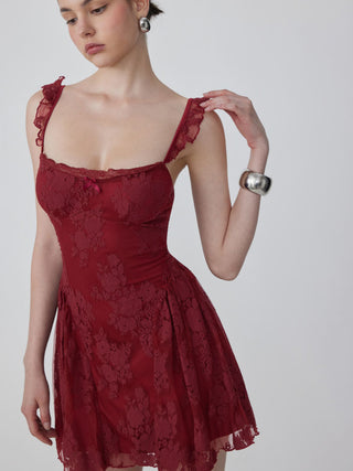 Cotton-blend Lace Sweetheart Neck Ruffled Bowknot A-line Mini Dress