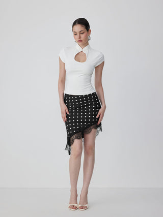 Satin Low Rise Polka Dot Lace Trim Asymmetrical Hem Mini Skirt