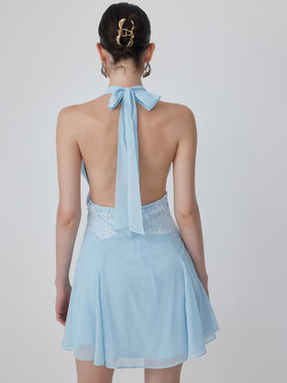Chiffon Halter Neckline Backless Lace Panel Bowknot A-line Mini Dress