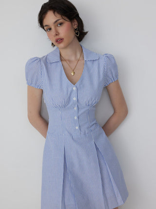 Cotton-Blend Striped Polo Neck Puff Sleeve Shirt Mini Dress