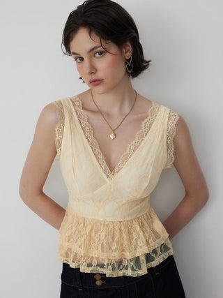 Lace V-neck Ruffle Peplum Hem Tank Top