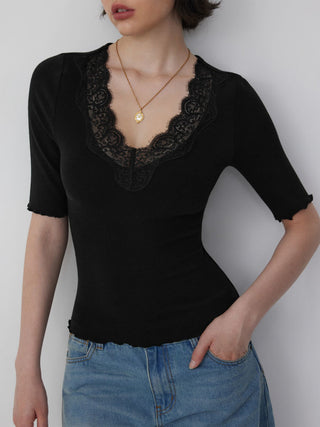 Cotton-blend V-neck Mid-length Sleeve Lace Trim Lettuce Trim Top
