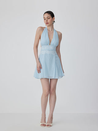 Chiffon Halter Neckline Backless Lace Panel Bowknot A-line Mini Dress