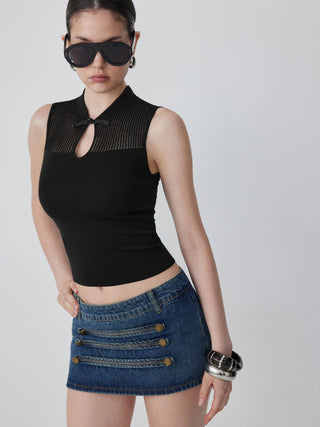 Knit Stand Collar Textured Bowknot Cut Out Vest