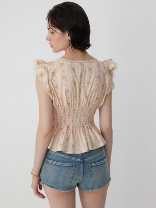 Cotton-blend Stripe Floral V-neck Ruffle Sleeve Lace Trim Blouse