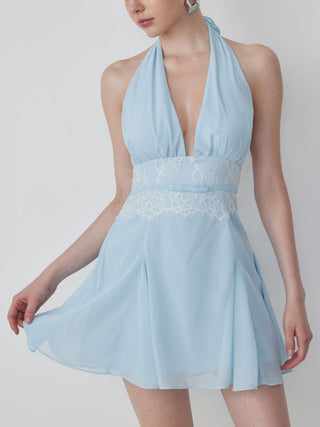 Chiffon Halter Neckline Backless Lace Panel Bowknot A-line Mini Dress