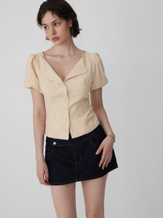 Cotton-blend Striped Puff Sleeve Tie-back Blouse