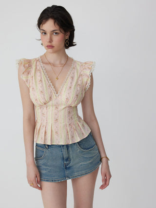 Cotton-blend Stripe Floral V-neck Ruffle Sleeve Lace Trim Blouse