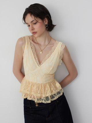 Lace V-neck Ruffle Peplum Hem Tank Top