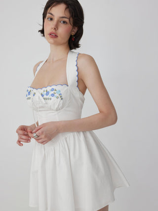 Cotton-blend Floral Halter Neckline Short Sleeve Embroidery Bowknot Mini Dress