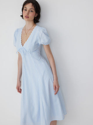 Lace Trim Puff Sleeve V-neck Floral Midi Dress