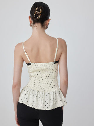 Satin Polka Dot Sweetheart Lace Trim Peplum Hem Cami Blouse