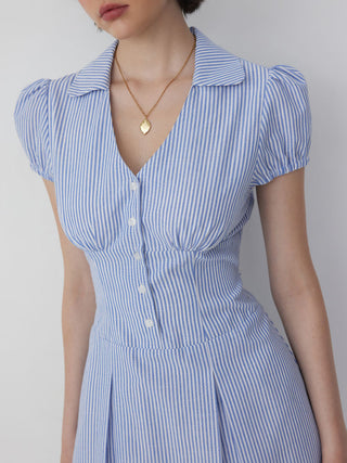 Cotton-Blend Striped Polo Neck Puff Sleeve Shirt Mini Dress