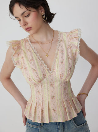 Cotton-blend Stripe Floral V-neck Ruffle Sleeve Lace Trim Blouse