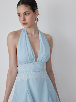 Chiffon Halter Neckline Backless Lace Panel Bowknot A-line Mini Dress