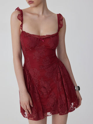 Cotton-blend Lace Sweetheart Neck Ruffled Bowknot A-line Mini Dress