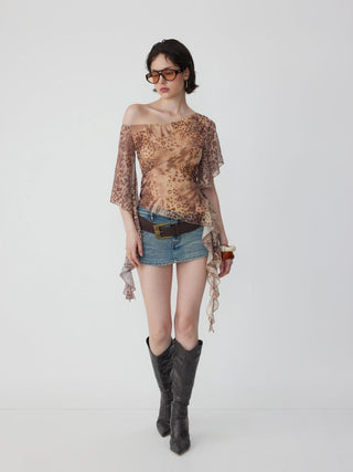 Abstract Leopard Ruffle Asymmetric One-Shoulder Top