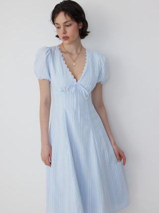 Lace Trim Puff Sleeve V-neck Floral Midi Dress