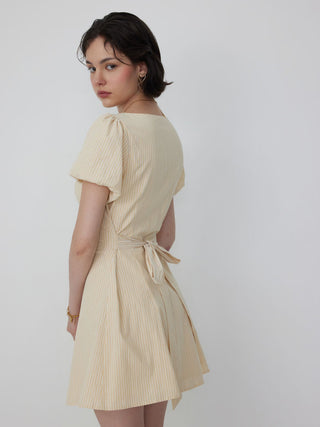 Cotton-blend Striped Puff Sleeve Twist Knotted A-line Mini Dress