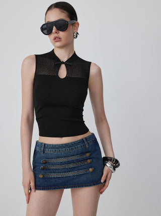 Knit Stand Collar Textured Bowknot Cut Out Vest
