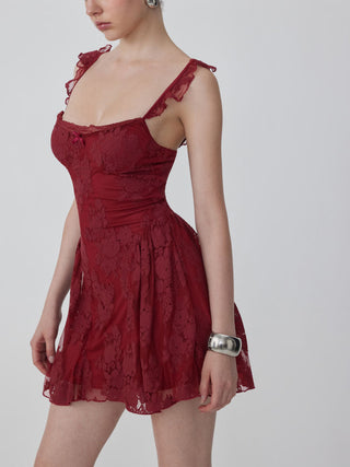 Cotton-blend Lace Sweetheart Neck Ruffled Bowknot A-line Mini Dress