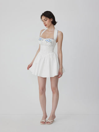 Cotton-blend Floral Halter Neckline Short Sleeve Embroidery Bowknot Mini Dress