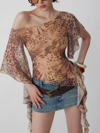 Abstract Leopard Ruffle Asymmetric One-Shoulder Top