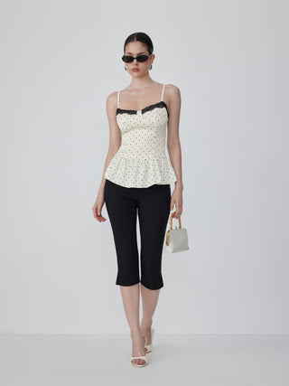 Satin Polka Dot Sweetheart Lace Trim Peplum Hem Cami Blouse
