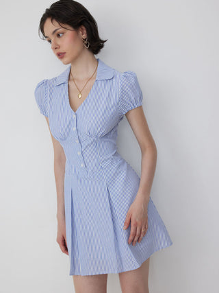 Cotton-Blend Striped Polo Neck Puff Sleeve Shirt Mini Dress
