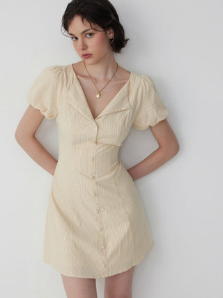 Cotton-blend Striped Puff Sleeve Twist Knotted A-line Mini Dress
