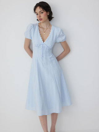 Lace Trim Puff Sleeve V-neck Floral Midi Dress