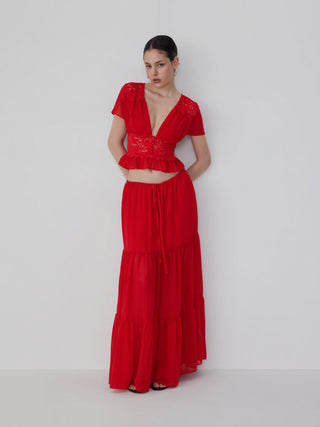 Chiffon Lace V-neck Top & Mid Rise Pleated Maxi Skirt Set