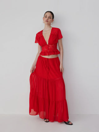 Chiffon Lace V-neck Top & Mid Rise Pleated Maxi Skirt Set