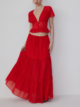 Chiffon Lace V-neck Top & Mid Rise Pleated Maxi Skirt Set