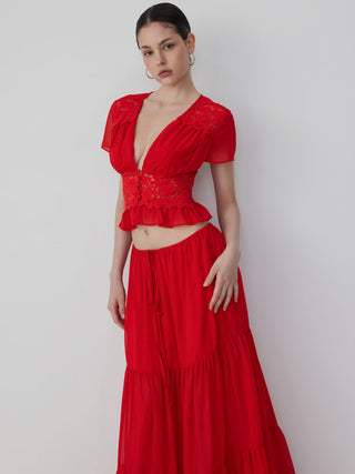 Chiffon Lace V-neck Top & Mid Rise Pleated Maxi Skirt Set